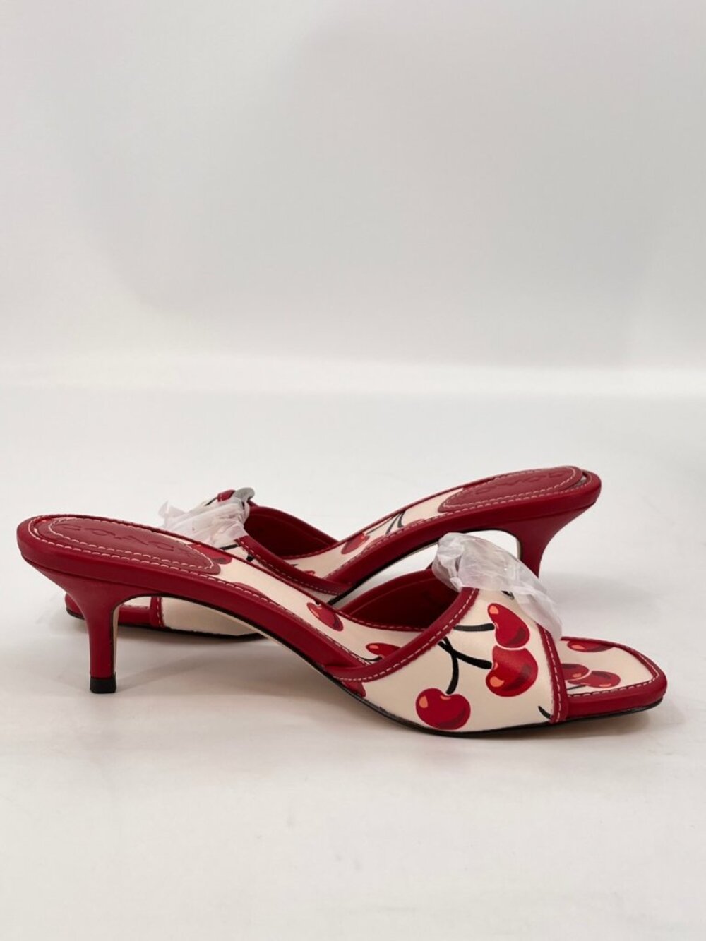 COACH Margot Sandal Red Cherry Print Leather Buckle Strap Kitten Size 6 - Picture 8 of 16